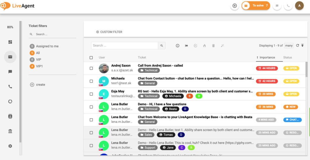 Přehled rozhraní ticketingu v LiveAgent.