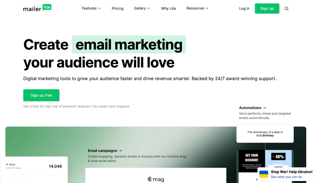 Domovská stránka Mailerlite, uživatelsky přívětivý systém pro správu e-mailů