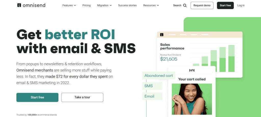 Domovská stránka Omnisend, platforma pro e-mailový marketing e-commerce