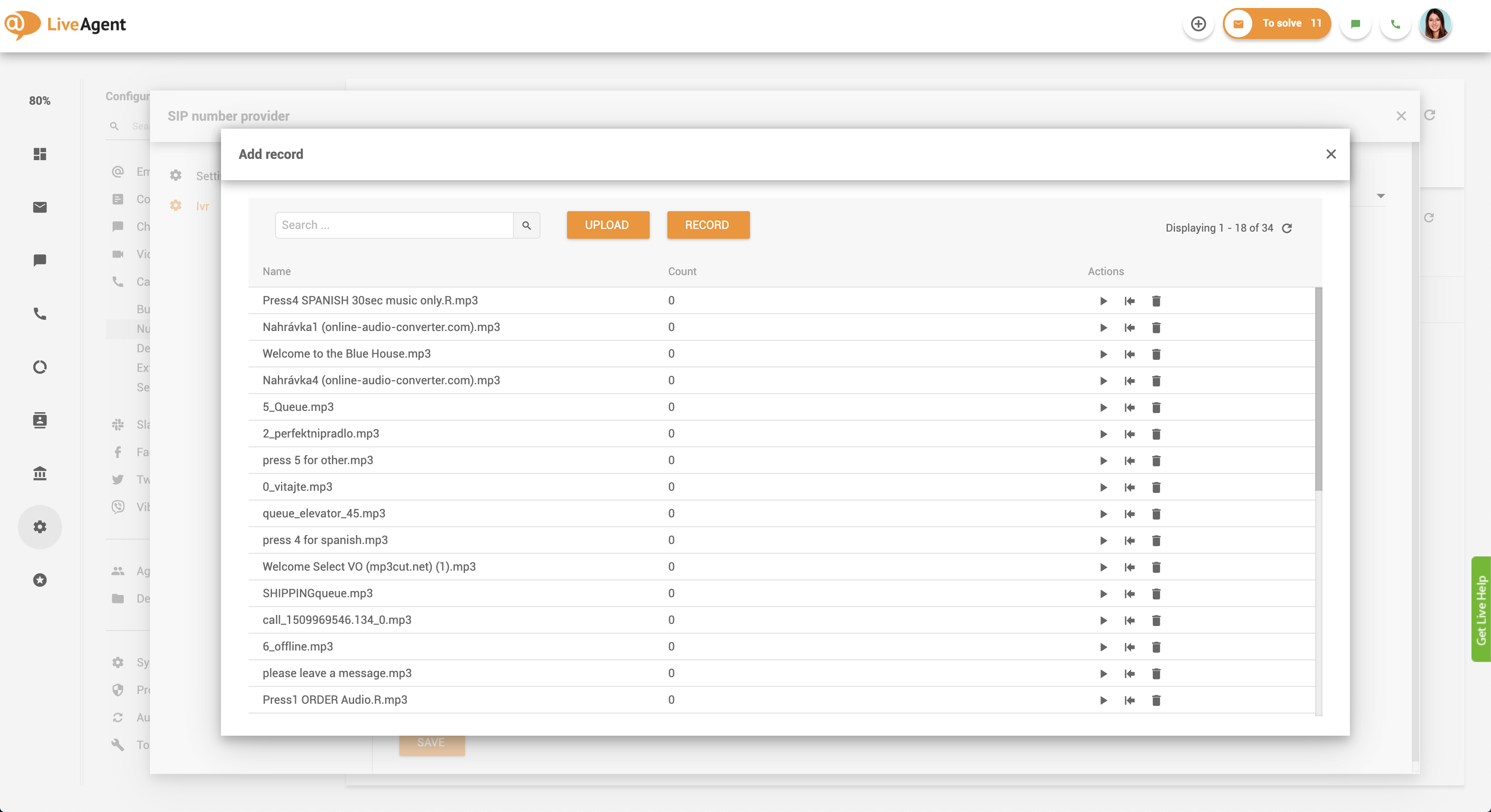 Nastavení zpětného volání - zprávy IVR v LiveAgent