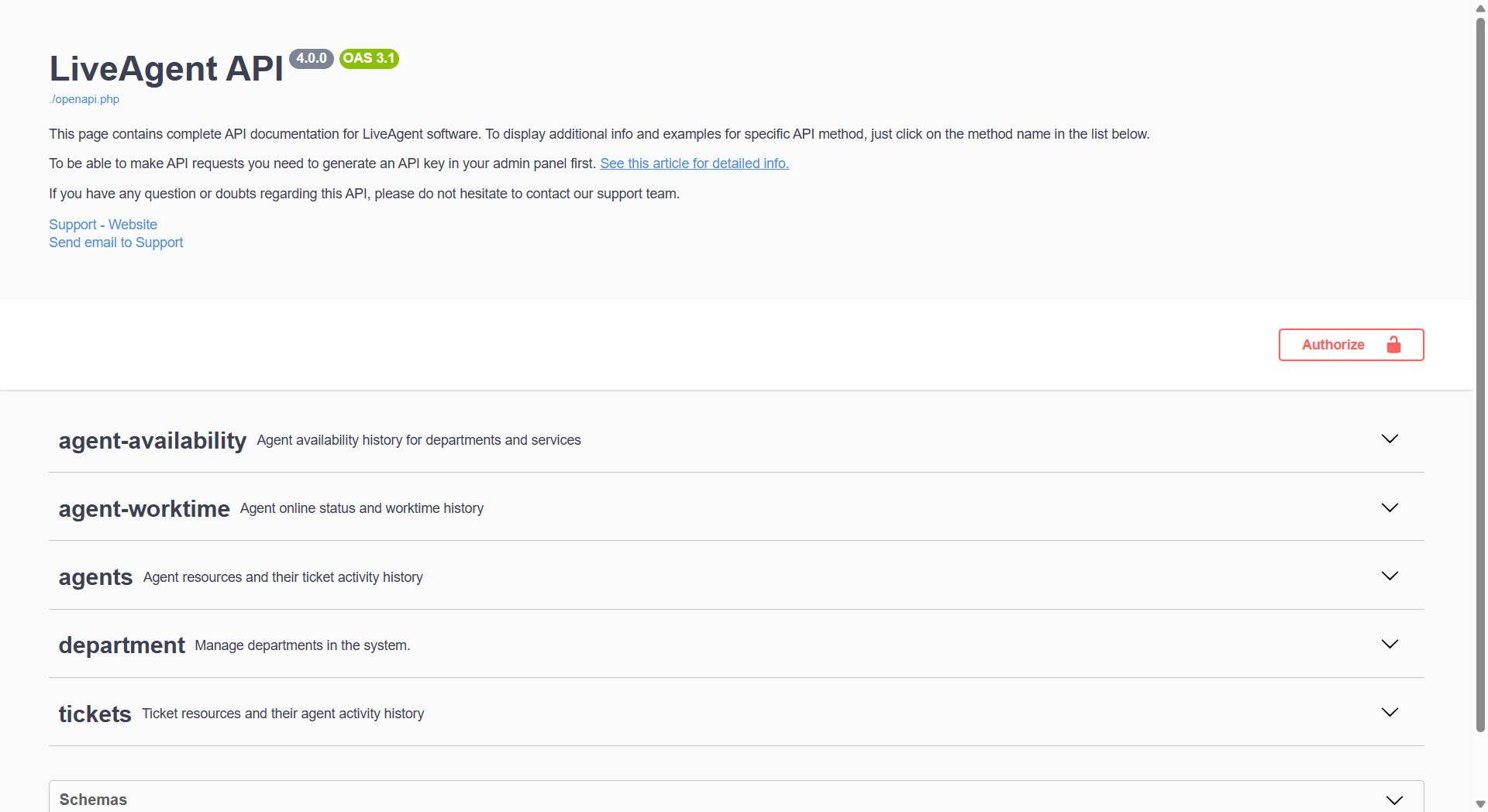 Přehled dokumentace LiveAgent API v4 s dostupnými endpointy