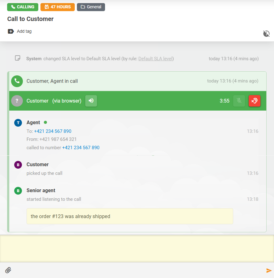 Funkce Call Listening v LiveAgent s interakcí poznámek mezi agenty