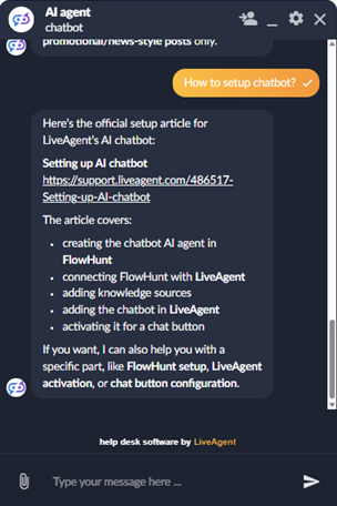 LiveAgent AI Agent chat s podporou markdown