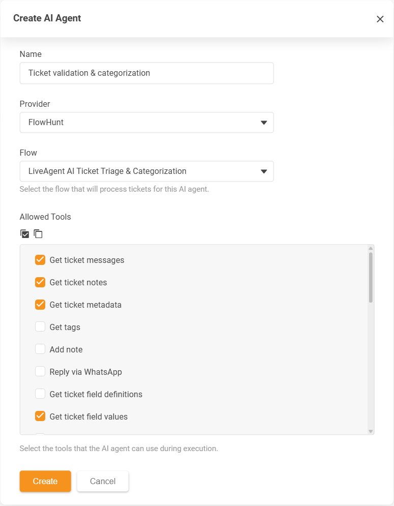 Dialog LiveAgent Create AI Agent se seznamem povolených akcí Allowed Tools
