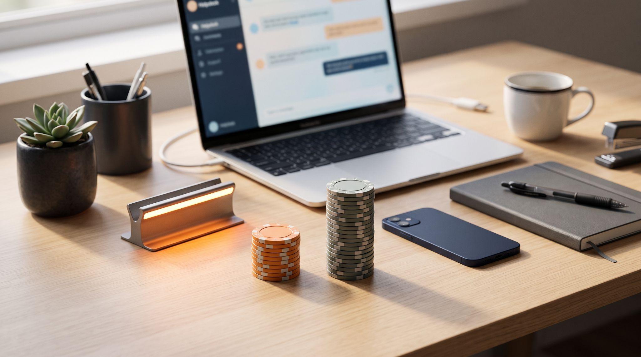 Stůl s notebookem zobrazujícím rozhraní helpdeskového chatu, vedle naskládaných oranžových a šedých žetonů představujících náklady LiveAgent a Zendesk