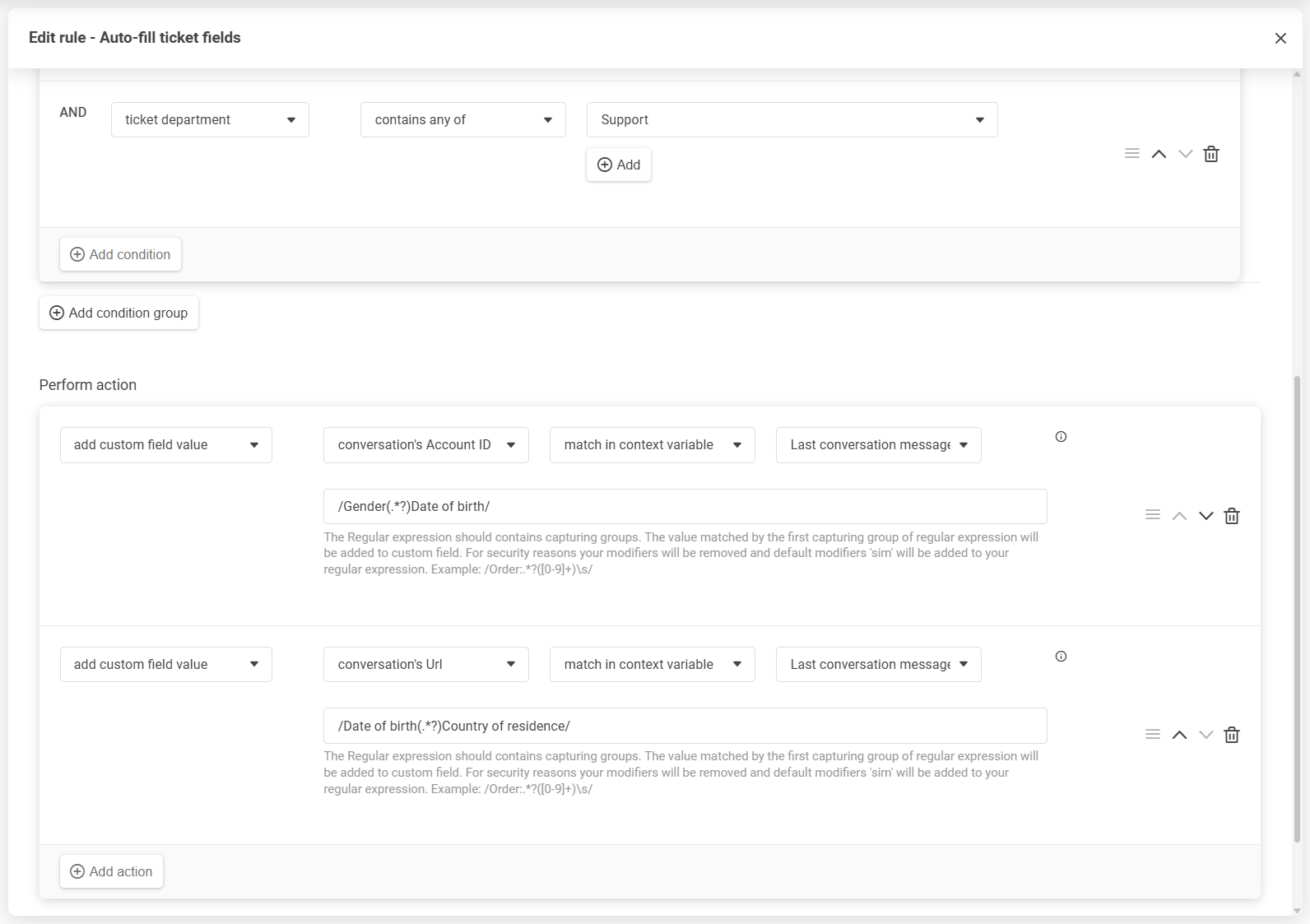 Editor pravidel LiveAgent s přetahováním pro přeuspořádání podmínek a akcí
