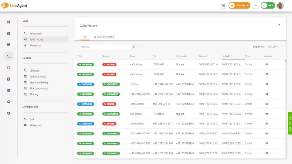 Přehled rozhraní call centra v LiveAgent.