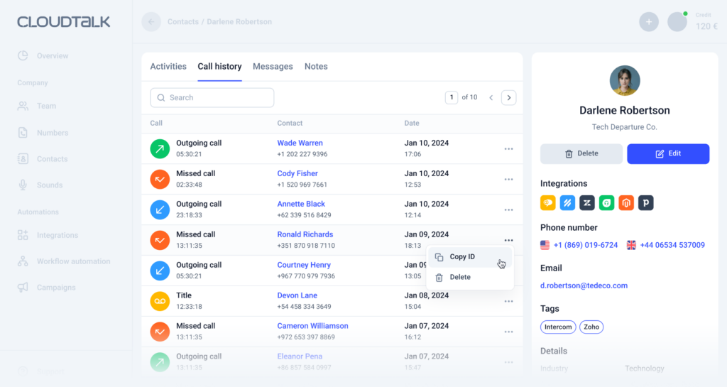 Uživatelské rozhraní CloudTalk