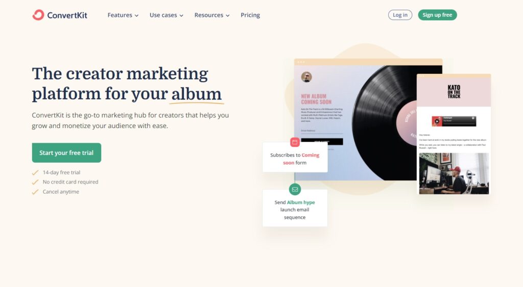 Domovská stránka ConvertKit, software pro správu e-mailů pro tvůrce
