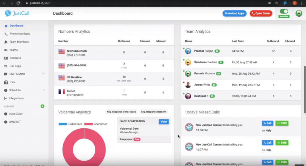 Řídicí panel JustCall