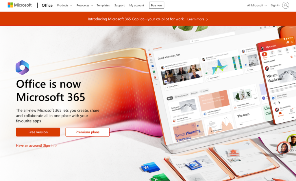 Domovská stránka Microsoft 365, software pro správu e-mailů pro firmy