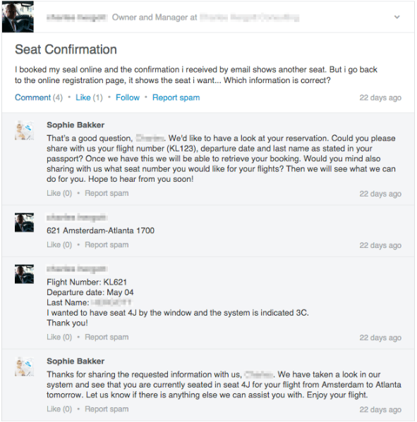 Odpověď KLM Airlines na otázku zákazníka na LinkedInu