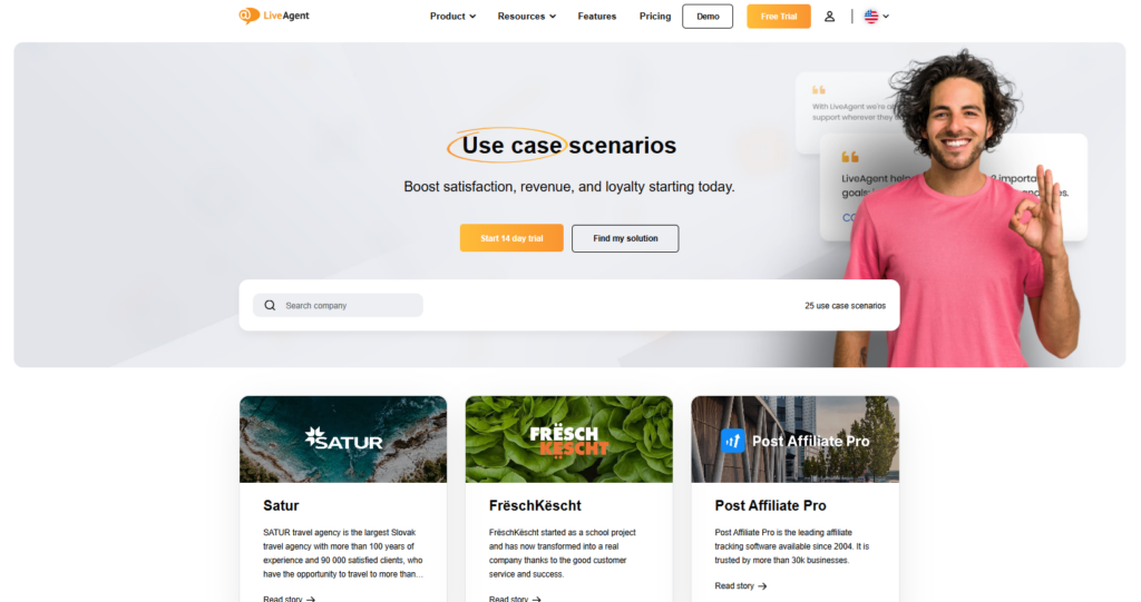 Screenshot webu LiveAgent, kde sdílí úspěšné příběhy svých zákazníků