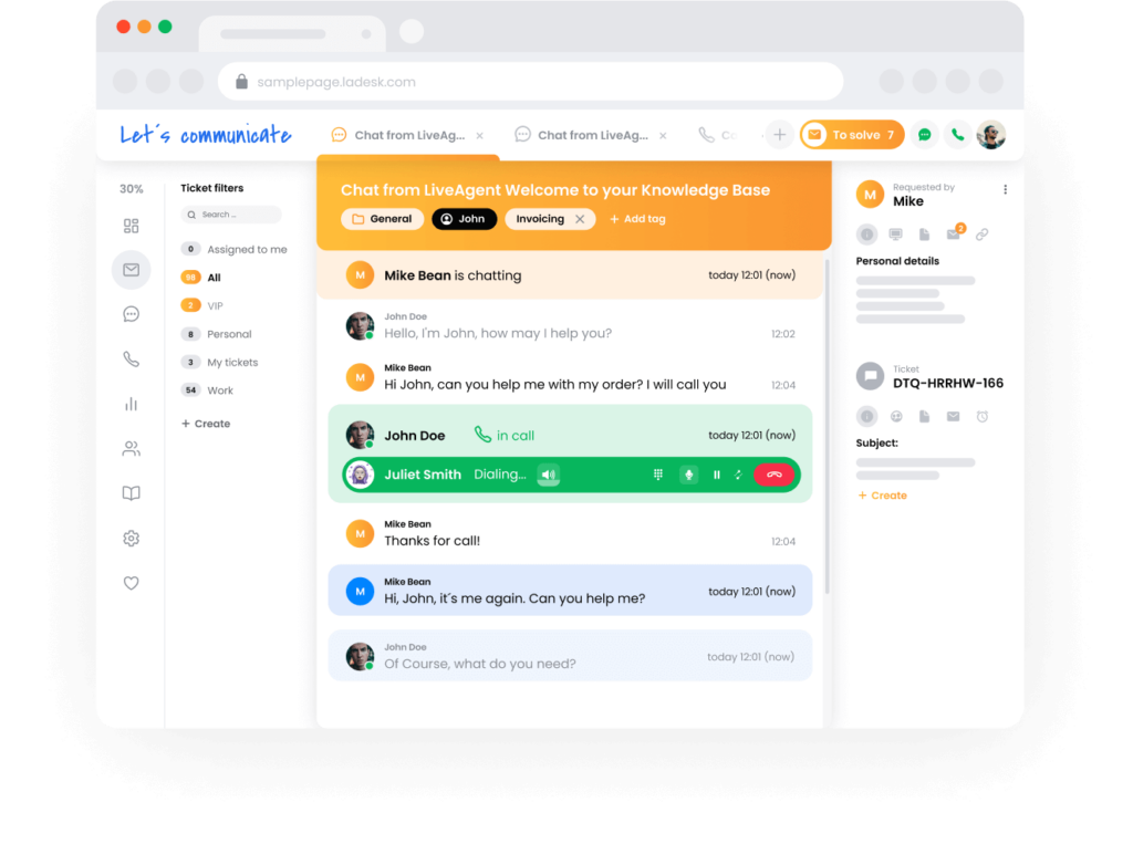 Systém tiketů LiveAgent - pohled týmu podpory