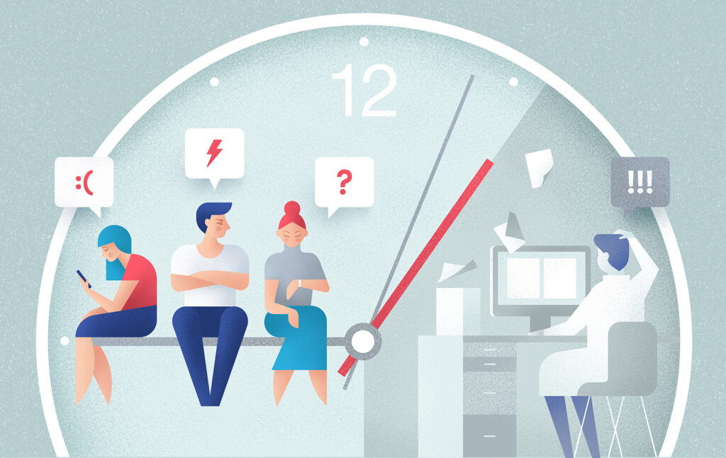 Ilustrace zákazníků čekajících na zákaznickou podporu