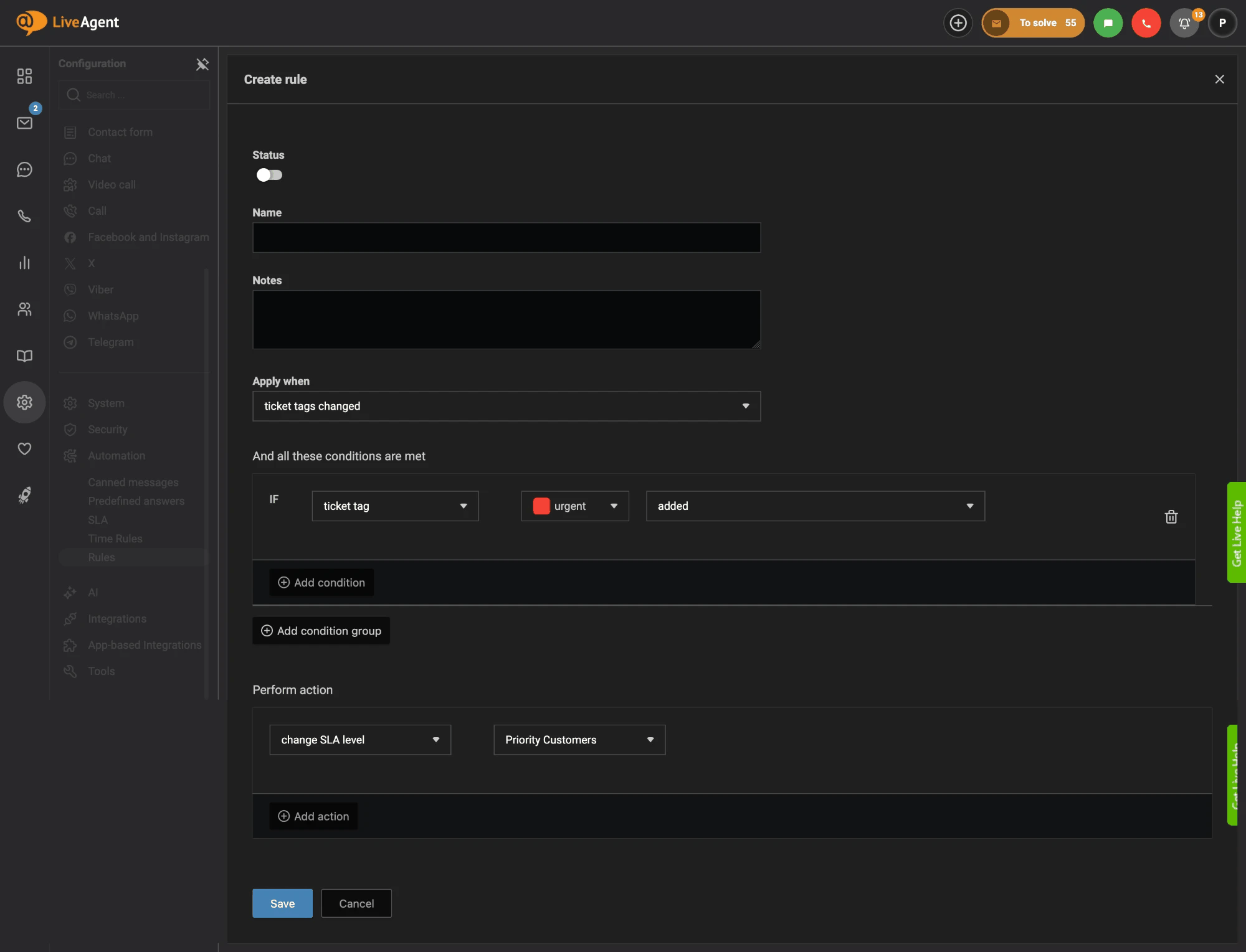 Pravidlo LiveAgent, které změní úroveň SLA na Prioritní zákazníci, když je tiketu přidán štítek urgentní