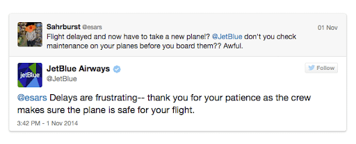 Odpověď JetBlue na nespokojený tweet zákazníka na Twitteru