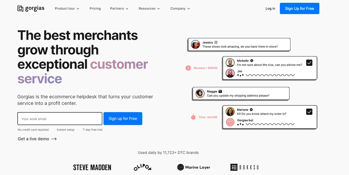 Domovská stránka Gorgias - software pro live chat v e-commerce zaměřený na zisk
