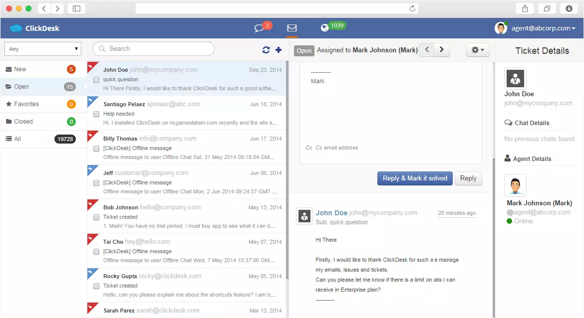 ClickDesk dashboard a live chat