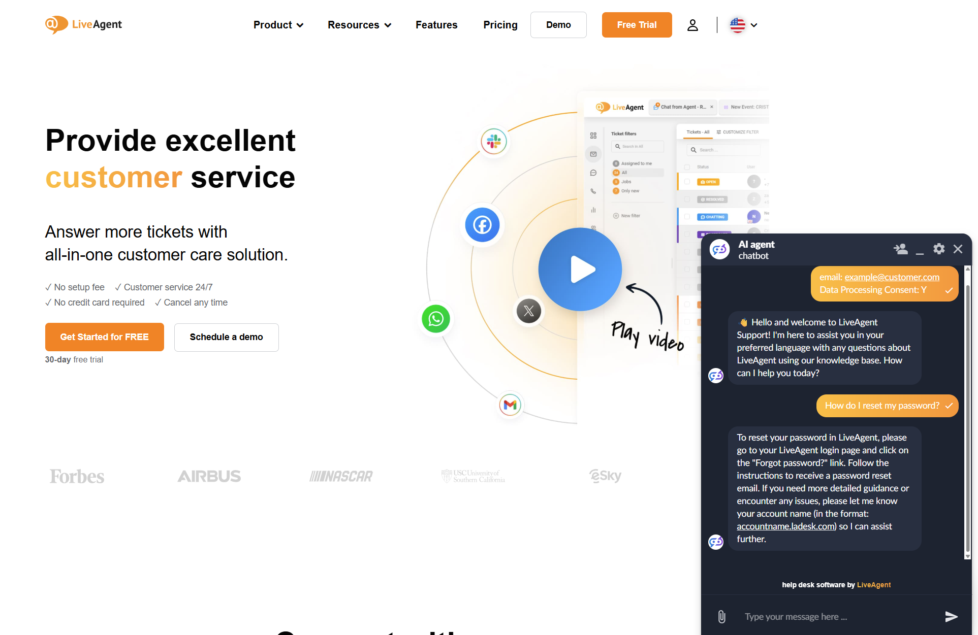 Chatová konverzace AI chatbotu LiveAgent na stránce LiveAgent