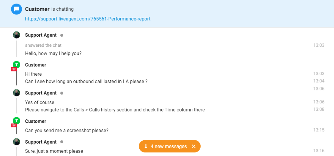 Snímek obrazovky chatu zobrazující oznámení o nepřečtených zprávách