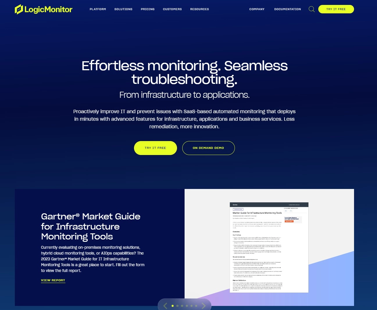 Snímek domovské stránky LogicMonitor - platforma IT výkonu pro snadné monitorování a řešení problémů