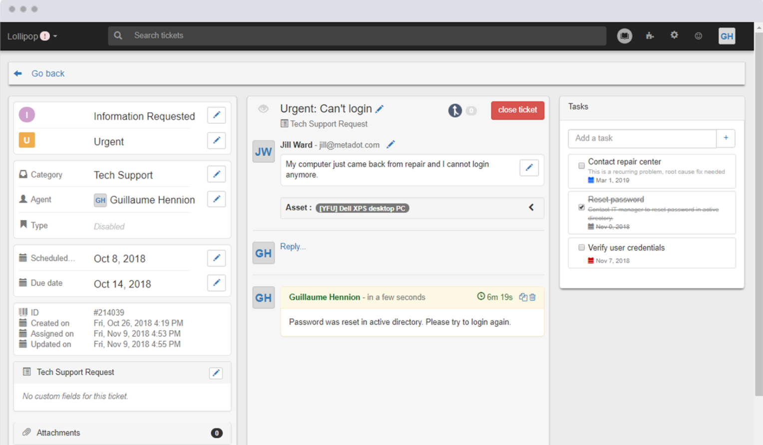 Úkoly tiketů Mojo IT Helpdesk