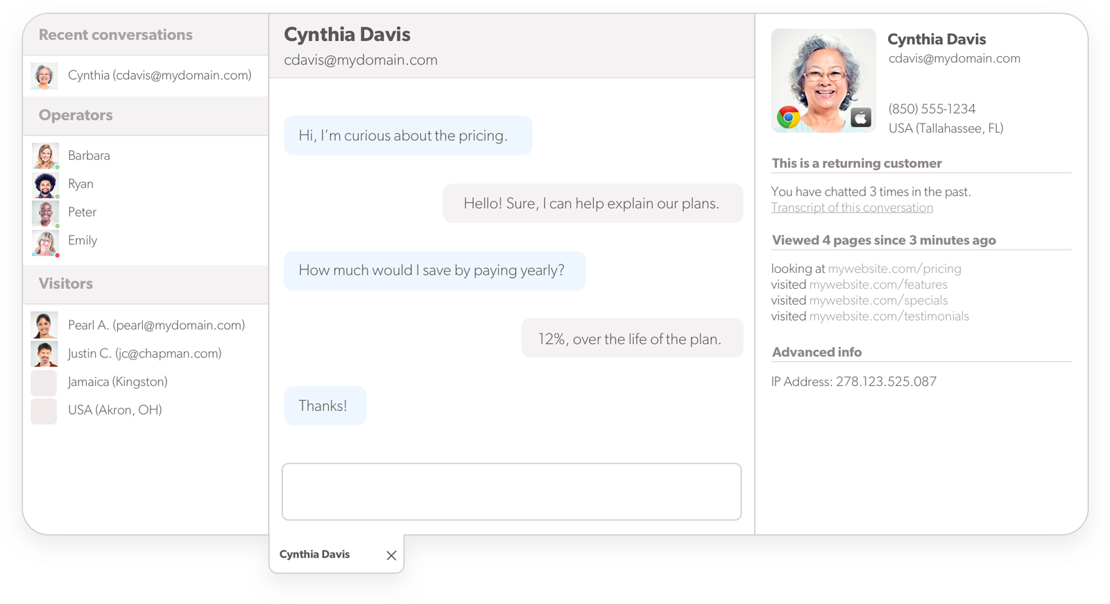 Pohled agenta na probíhající live chat Olark software pro live chat