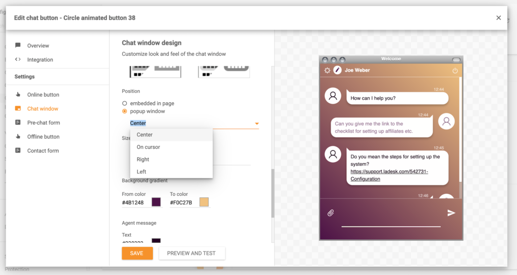 Funkce popup okna LiveAgent
