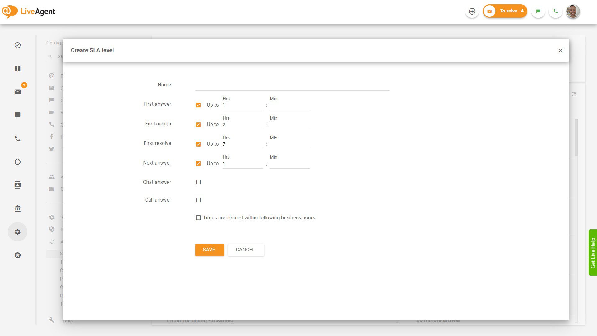 Vytvoření úrovně SLA v LiveAgent