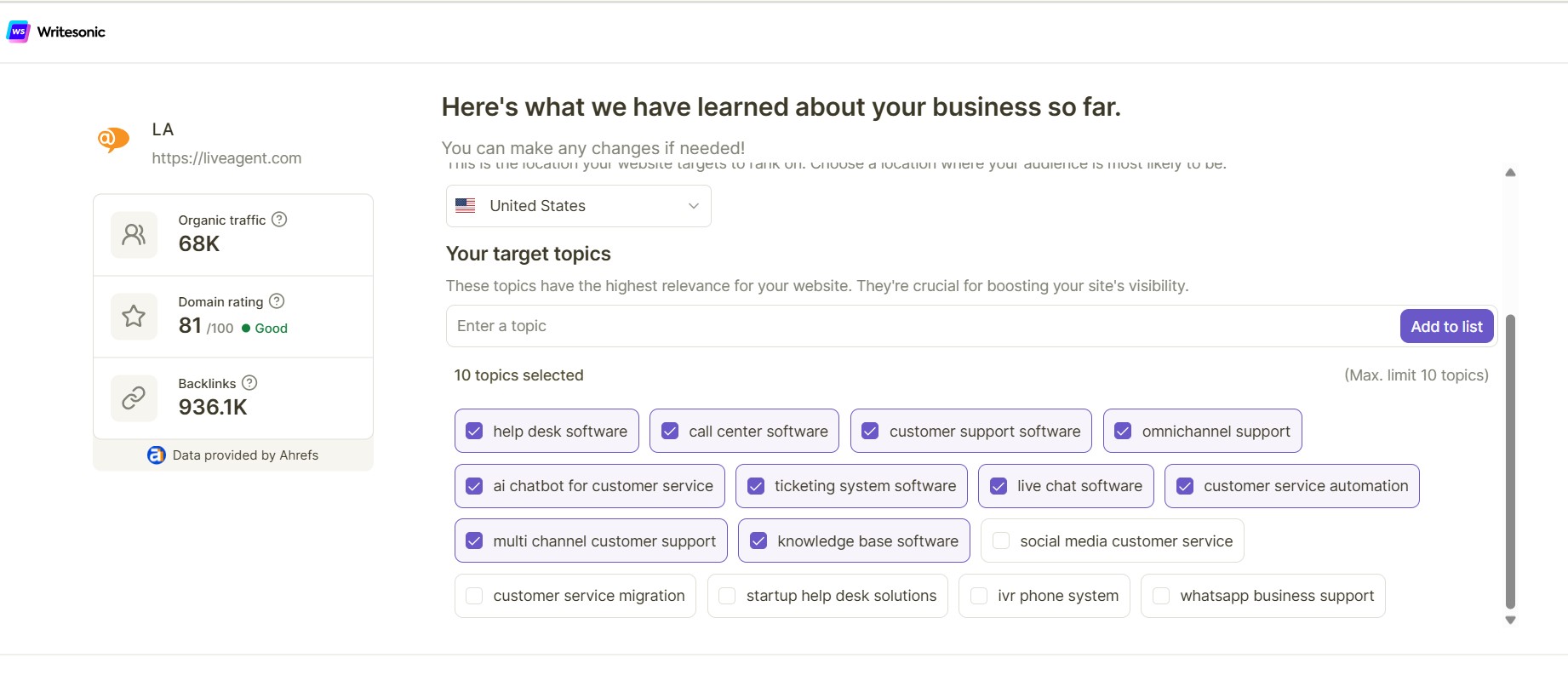 Přehled auditu SEO webu Writesonic