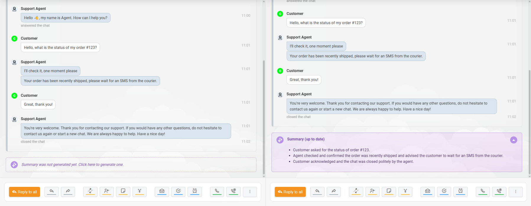 AI shrnutí tiketu LiveAgent vygenerované pro chatovou konverzaci