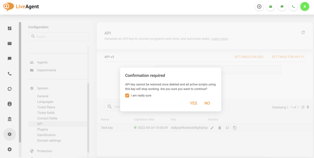 Potvrzení odstranění API v3 se zaškrtávacím políčkem