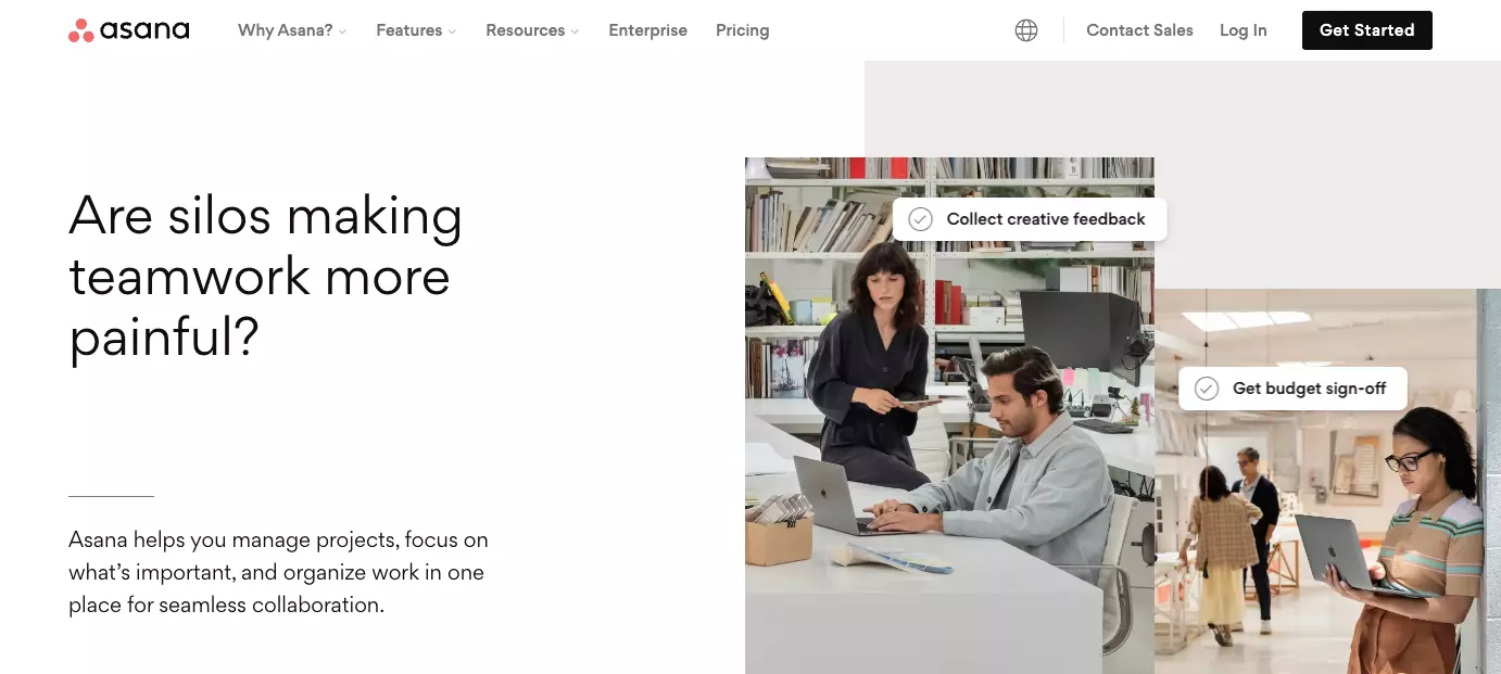 Domovská stránka Asany - zlepšete efektivitu v organizaci zlepšením spolupráce v týmu, organizací práce a udržováním transparentnosti.