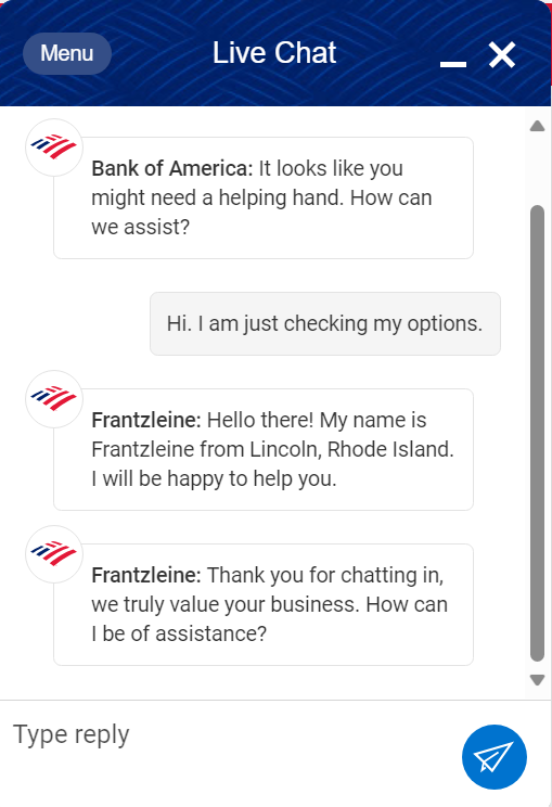 Příklad živého chatu Bank of America