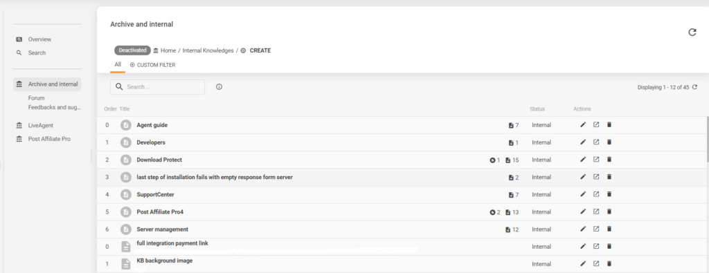 Příklad interní znalostní báze LiveAgent