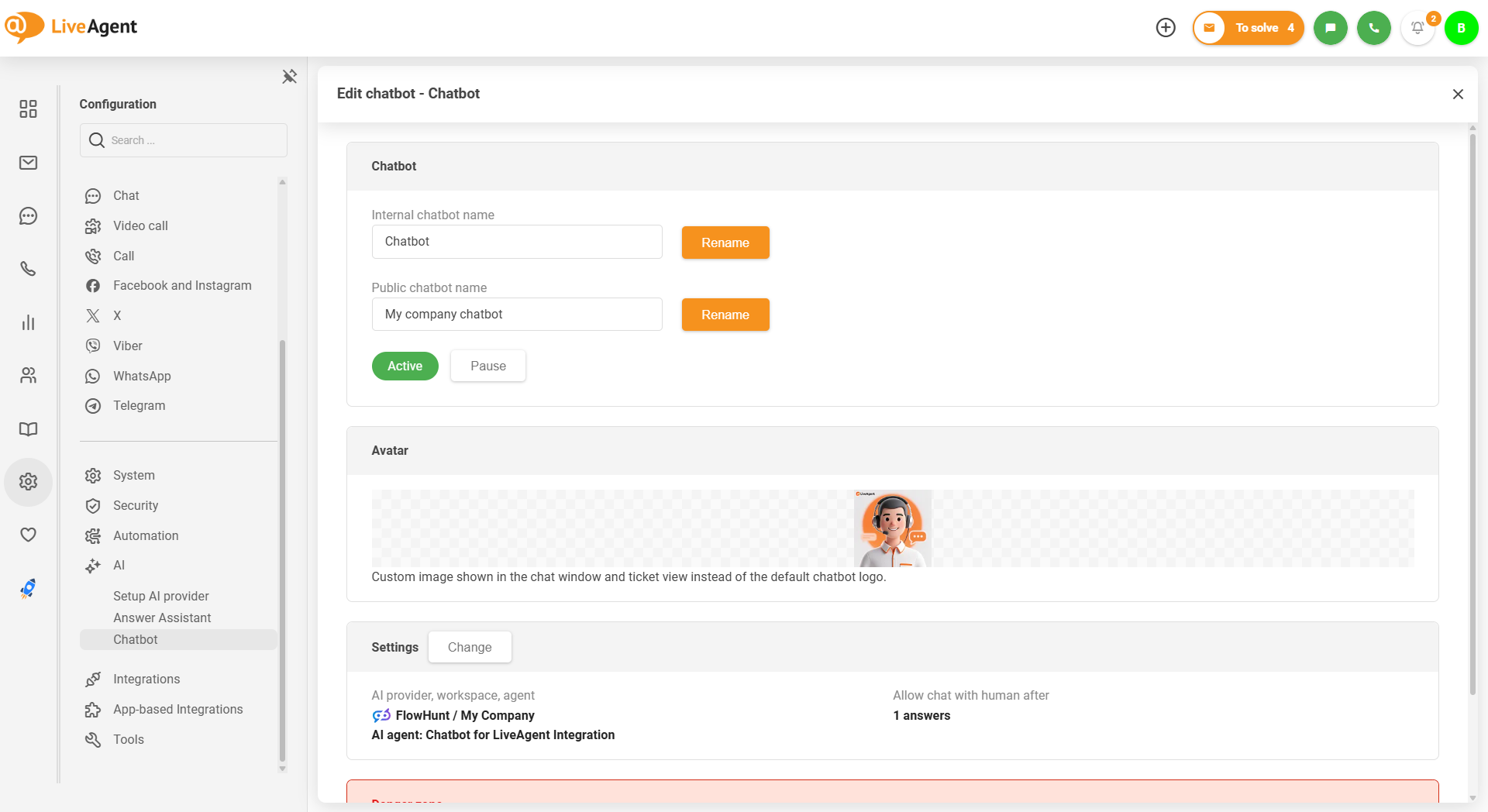 AI chatbot LiveAgent s vlastním nahráváním obrázku avataru