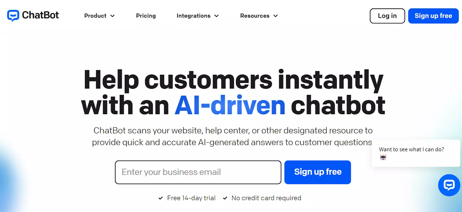 Snímek domovské stránky ChatBot - poskytujte odpovědi generované umělou inteligencí pomocí jejich výkonného chatbota
