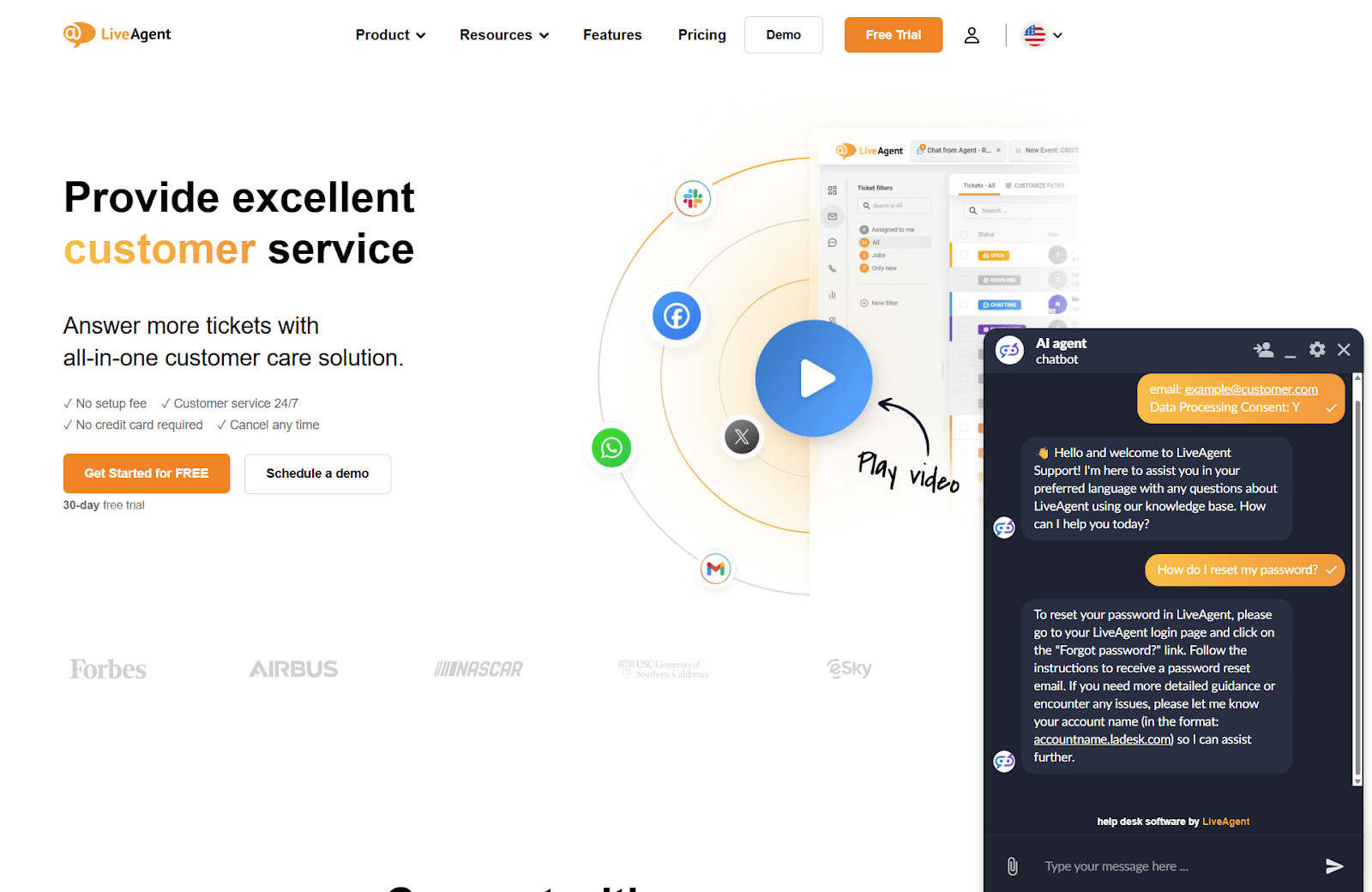 Snímek obrazovky konverzace zákaznické podpory s AI chatbotem LiveAgent