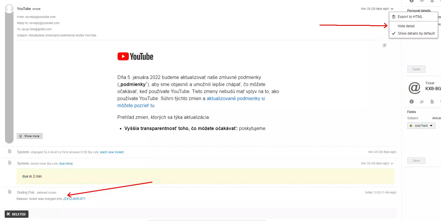 Obrázek ukazující chybu zdroje e-mailu po sloučení dvou lístků, problém přítomný v předchozích verzích LiveAgent
