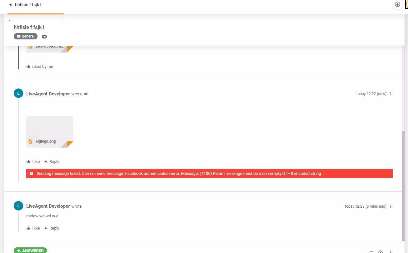 Chybová zpráva zobrazená při zveřejňování obrázku na Facebooku přes LiveAgent