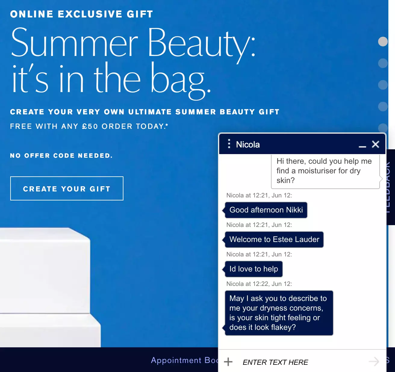 Příklad živého chatu Estee Lauder