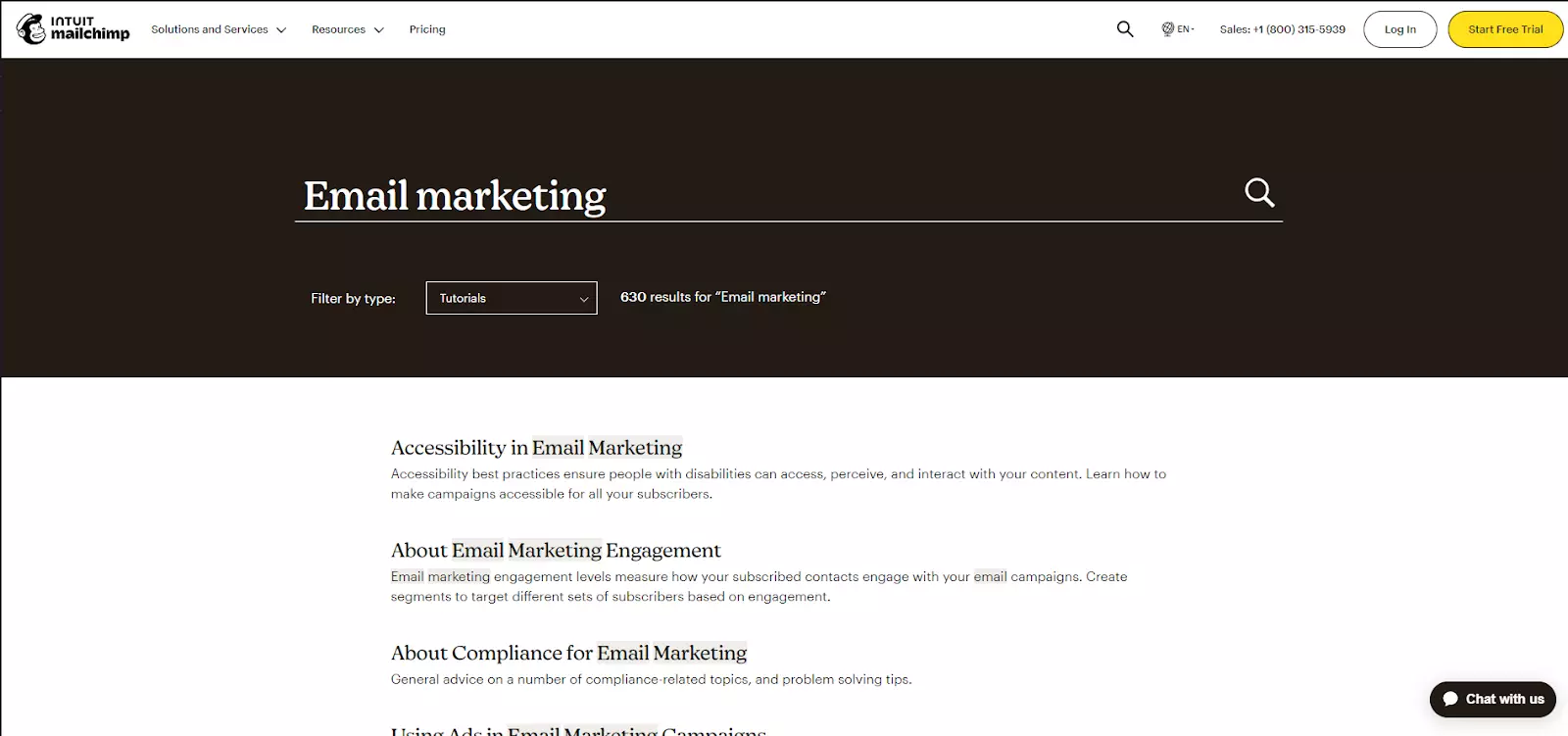 Příklad vyhledávací funkce v znalostní bázi MailChimp
