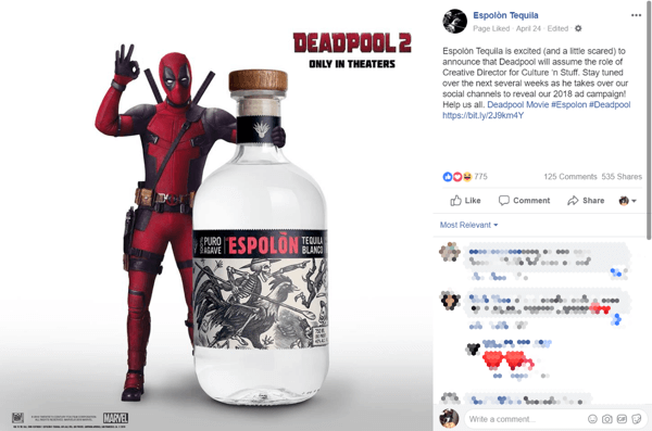 Oznámení partnerství značky tequily s filmem Deadpool 2 na Facebooku