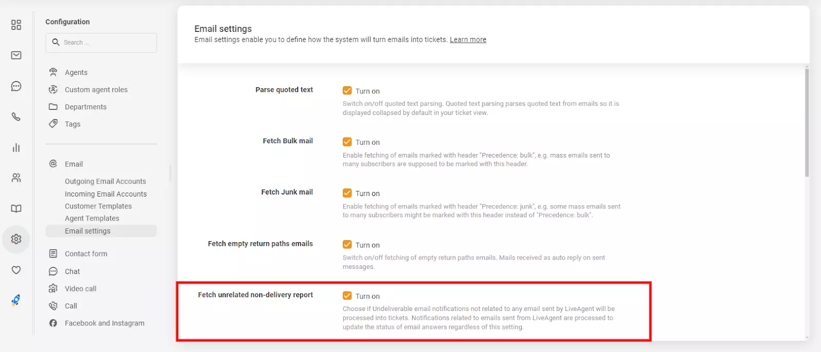 Nastavení e-mailu v LiveAgent zobrazující možnost 'načíst nesouvisející zprávu o nedoručení'