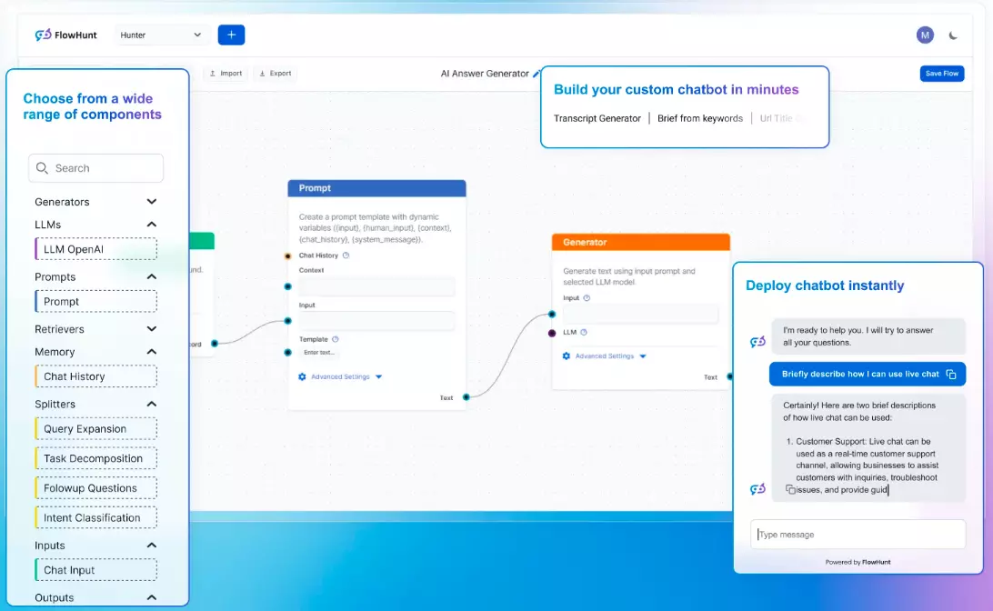 Snímek obrazovky domovské stránky FlowHunt