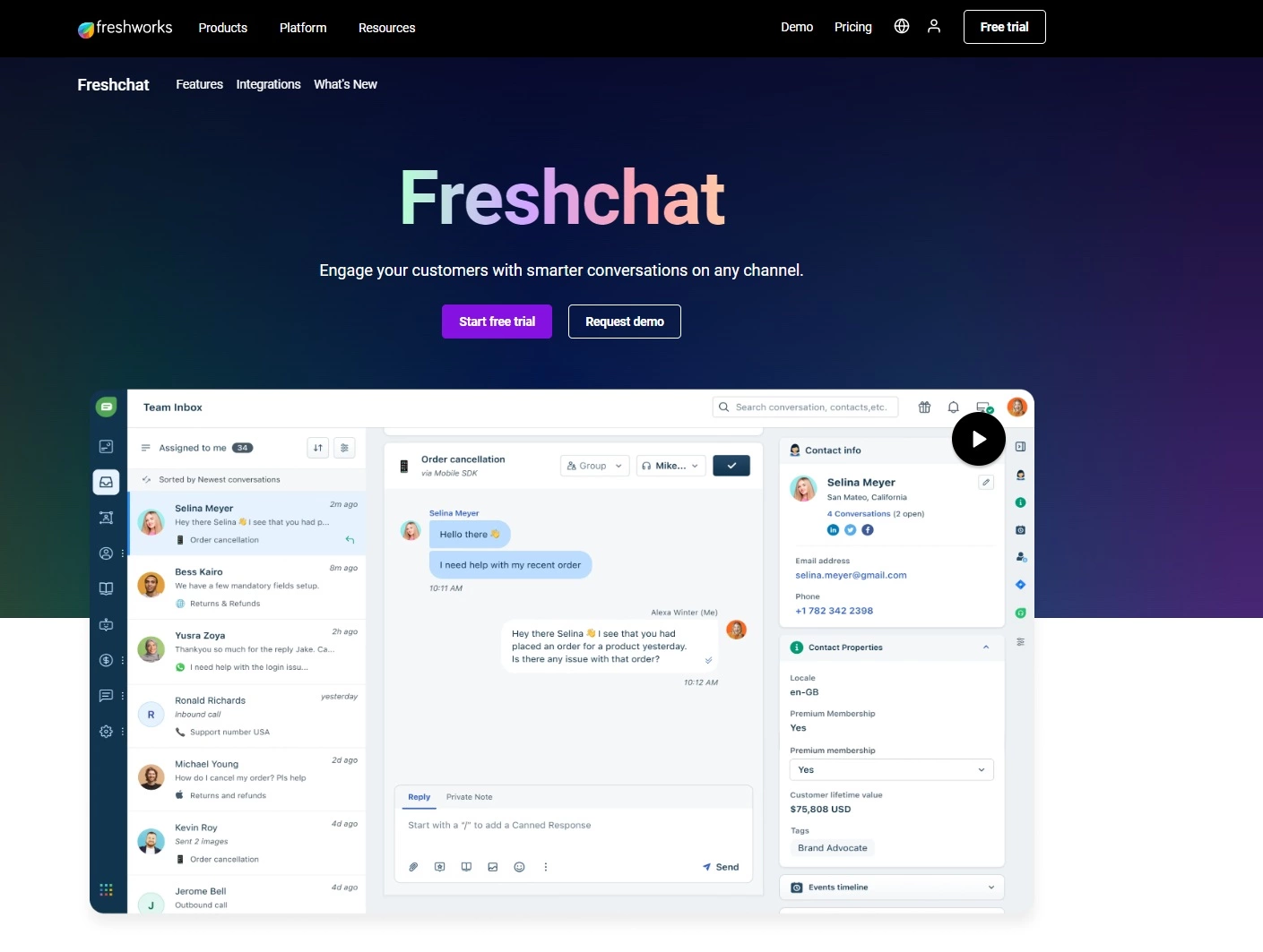 Snímek domovské stránky Freshdesk - nástroj live chat pro chytřejší a rychlejší konverzace