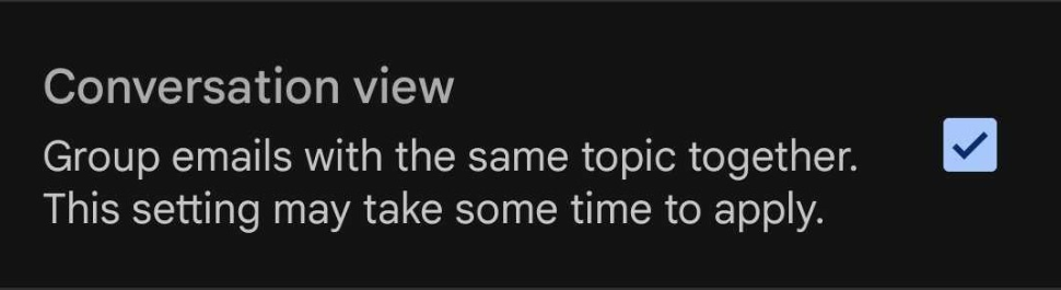 Zaškrtávací políčko pro zapnutí/vypnutí zobrazení konverzací v aplikaci Gmail