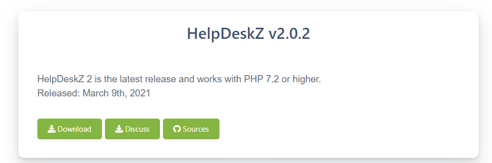 Příklad stránky stahování open source ticketingového systému s tlačítkem stahování, diskusí a zdroji