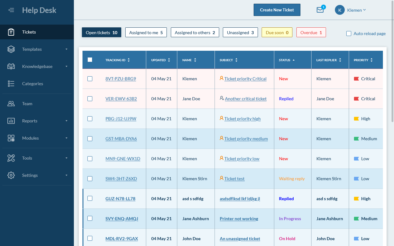 Hesk bezplatný samostatně hostovaný helpdesk – seznam ticketů v administračním panelu